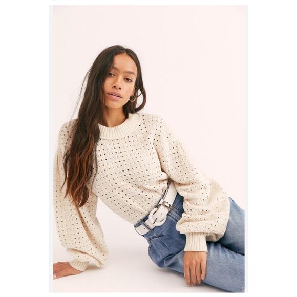 FREE PEOPLE Paper Doll Open Knit Chunky Pullover Sweater Ivory Cream Size L NEW